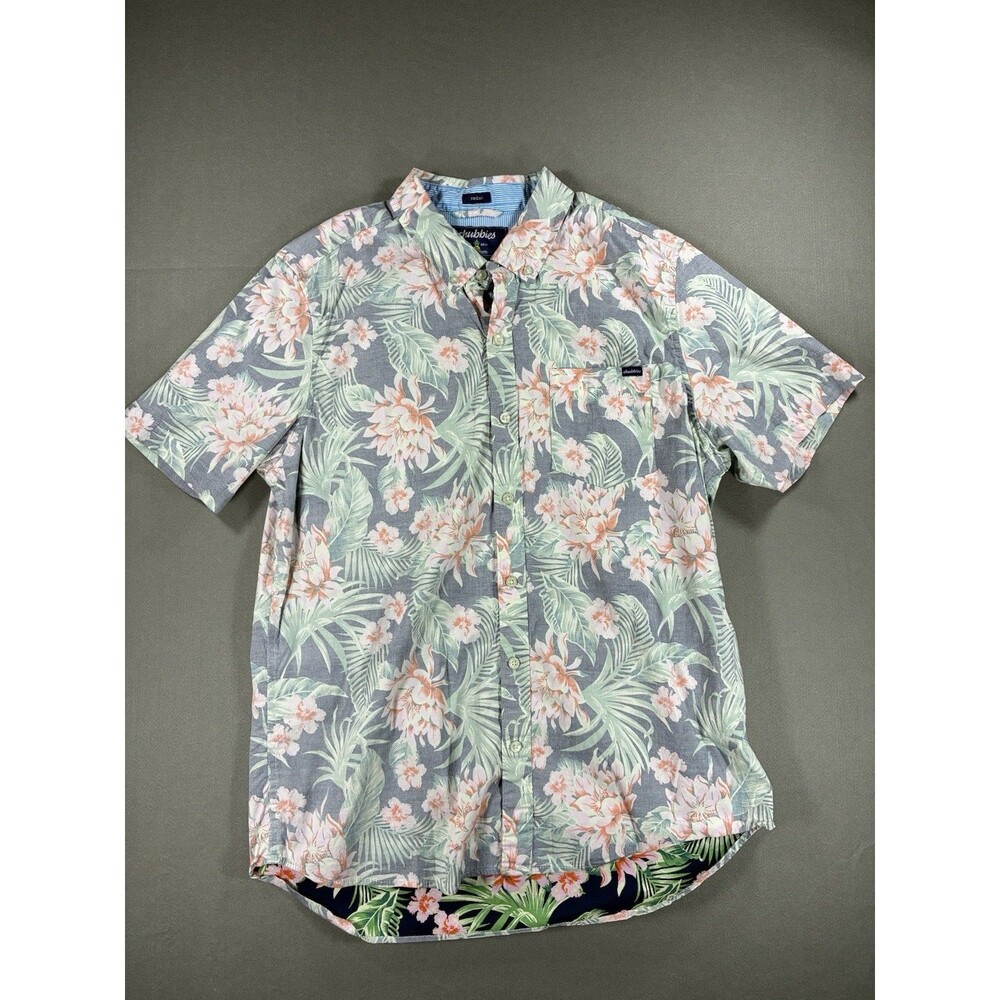 Chubbies Hawaiian Floral Button Up Shirt Men’s Large Gray Pink Tropical Short